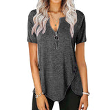 Women Summer Top V Neck Split Zippers Shirt Solid Color Summer Basic Tee Tops