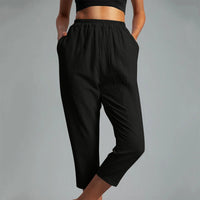 Women's Cotton Straight Capri Pants Casual Elastic Waist Trousers with 2 Pockets