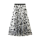 Women Mesh Embroidered A-Line Skirt Summer Casual Chic Elastic High Waist Maxi Skirt