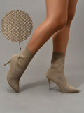 Womens Knitted Stretch Cloth Slip On Ankle Boots Pointed Toe Fashionable Kitten High Heels Boots