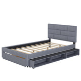 Gplesas Solid Wood Full Size Platform Bed,Storage Platform Bed with Drawers & Storage Shelves,Linen Fabric Upholstered Floor Bed,Gray