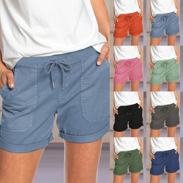 Women Folded Hem Short Hot Pants Plain Straight Leg Beach Shorts Mini Pant Buckle Bottoms