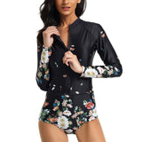 Women Zip Front One Piece Swimwear Rashguard Long Sleeve Swimsuit Boyleg Sports Beachwear Swimming Surfing Wetsuit Push Up Padded Bra Bathing Suits