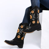 Ladies Sunflower Print Mid Calf Boots Slip On Daily Wear Chunky Heel Tall Boot