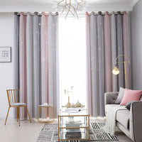 Double Layer Gradient Blackout + Sheer Curtains Starry Hollow-Out Stars Curtain Room Darkening Starry Curtain Eyelet Ring Top Window Drape for Kids Girls Children Bedroom Decor