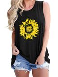 Women's Round Neck Sleeveless Loose Tank Sunflower Printed Pullover Hips Length