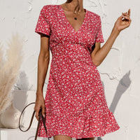 Women's Ruffle Sleeve Dresses Summer Sexy V Neck Floral Print Boho Beach Dress