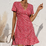 Women's Ruffle Sleeve Dresses Summer Sexy V Neck Floral Print Boho Beach Dress