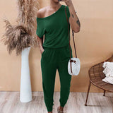 Womens Jumpsuit Crew Neck Off Shoulder Short Sleeve Elastic Waist Romper with Pockets