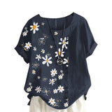 Women Crew Neck T-Shirt Daisy Printing Ruffles Short Sleeve Top Blouse Pullover