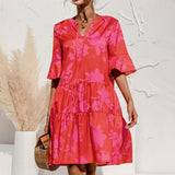 Ladies V-neck Flared Short Sleeves Cake Splicing Color Printed Casual Midi Dress