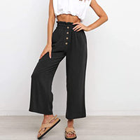 Women Plain Daily Wear Trousers Casual Buttons Palazzo Pant Loose Fit Solid Color Pants