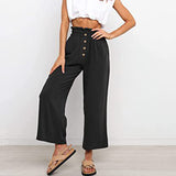 Women Plain Daily Wear Trousers Casual Buttons Palazzo Pant Loose Fit Solid Color Pants