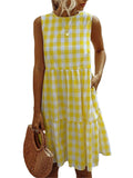 Women's Casual Ruffle Plaid Printed Midi Dress Sleeveless Swing Dress Sundress