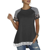 Women's Round Neck Leopard T Shirts Short Sleeve Striped Color Block Casual Tops