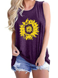 Women's Round Neck Sleeveless Loose Tank Sunflower Printed Pullover Hips Length
