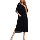 Lumento Women Pajamas Zipper Front Nightgown Full Length Lounge Dress with Pockets