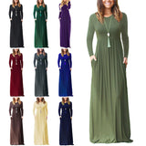 Women Tunic Waist Full Length Dress Solid Color Scoop Neck Slim Fit Long Sleeve