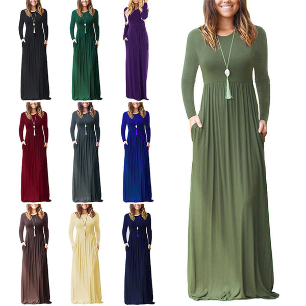 Women Tunic Waist Full Length Dress Solid Color Scoop Neck Slim Fit Long Sleeve