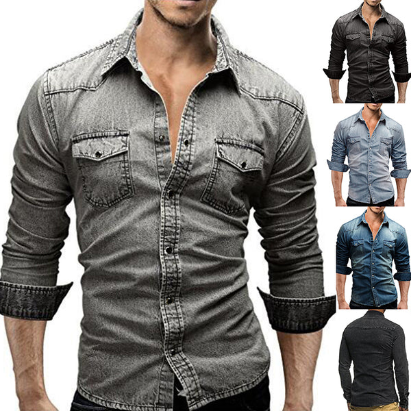 Men's Casual Long Sleeve Denim Shirt Tops Blouse Overshirts Button-Down Pockets