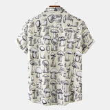 Mens Button Down Shirt Casual Loose Tops Summer Hawaiian Shirts Lapel Neck Short Sleeve T-shirt Mushroom Print Blouse