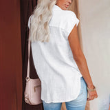 Women Solid Short Sleeve Shirt Lapel Blouse Baggy Loose Tunic Casual Tops Button-Down Cardigan