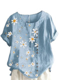 Women Crew Neck T-Shirt Daisy Printing Ruffles Short Sleeve Top Blouse Pullover