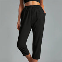 Women's Cotton Straight Capri Pants Casual Elastic Waist Trousers with 2 Pockets