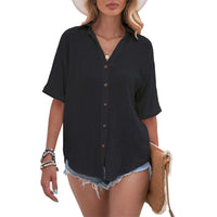 Women Loose Solid Color Tee Shirt Ladies Basic T-shirt Short Sleeve Vacation Roll Casual Blouse
