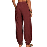 Women Solid Color Loose Cotton Linen Casual Pants Wide Leg Trouser with Pockets