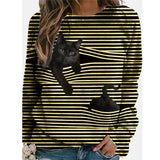 Women 3D Animal Patterns Stripes Design Long Sleeve T-shirt Crew Neck Loose Tops