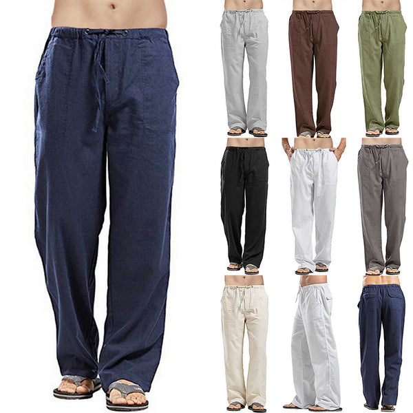 Men Cotton Linen Pants Yoga Drawstring Baggy Elastic Waist Loose Trousers Slacks