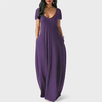 Women Solid Color Long Dress U Neck With Pockets Short Sleeve Comfortable Dress