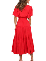 Women's Solid Color Dress Long Short Sleeve Lace Up V Neck Comfortable Dresses
