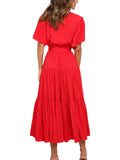 Women's Solid Color Dress Long Short Sleeve Lace Up V Neck Comfortable Dresses