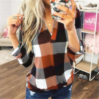 Plus Size Women Casual Long Sleeve Plaid Check T Shirt Ladies V Neck Tops Blouse
