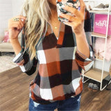 Plus Size Women Casual Long Sleeve Plaid Check T Shirt Ladies V Neck Tops Blouse
