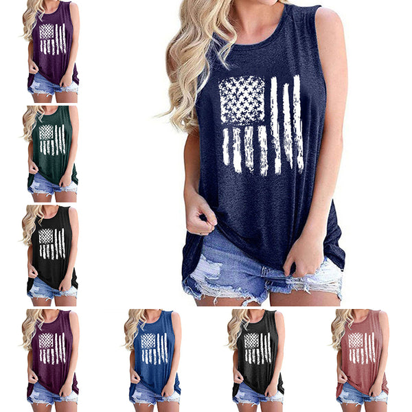 Women's Round Neck Sleeveless Loose Tank National Flag Printed Pullover Summer