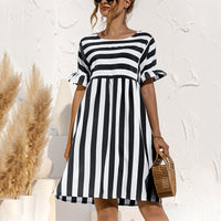 Women Fashion Skirt Striped Printed Short Sleeve Round Neck Casual Dress Ruffles