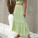 Womens Summer Casual Boho Elastic High Waist Skirts Pleated A Line Swing Beach Maxi Skirt