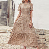 Lumento Women Summer Floral Print Dress Casual Boho Short Sleeve Ruffle Tiered Dress Swing Maxi Dress