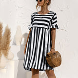 Women Fashion Skirt Striped Printed Short Sleeve Round Neck Casual Dress Ruffles