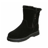 Lady Solid Color Ankle Boots Flat Shoes Warm Booties Side Zip Round Toe High Top