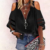 Lumento Women V Neck Zip Up Blouses Half Bell Sleeve Loose Casual Shirts Tops