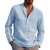 Men Solid Color Stand-Up Collar Shirt Blouse Casual Long Sleeve Top Tunic Pocket