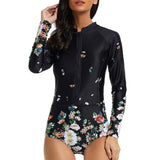 Women Zip Front One Piece Swimwear Rashguard Long Sleeve Swimsuit Boyleg Sports Beachwear Swimming Surfing Wetsuit Push Up Padded Bra Bathing Suits