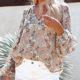 Ladies V-neck Floral Blouse Women's Lantern Long Sleeves Loose Fit Tops Shirts