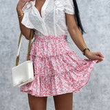 Women Pleated Skirts Casual High Waist Mini Skirt Printed Summer Swing Skirt