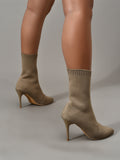 Womens Knitted Stretch Cloth Slip On Ankle Boots Pointed Toe Fashionable Kitten High Heels Boots