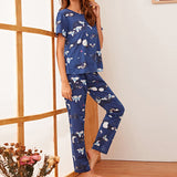Women Short Sleeve Tops+Pants Round Neck Loungewear Sleepwear Outfit Graphic Print Pajama Set